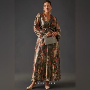 Anthropologie NWT Metallic Floral Maxi Dress Olive Colorful Caballero 3X Formal